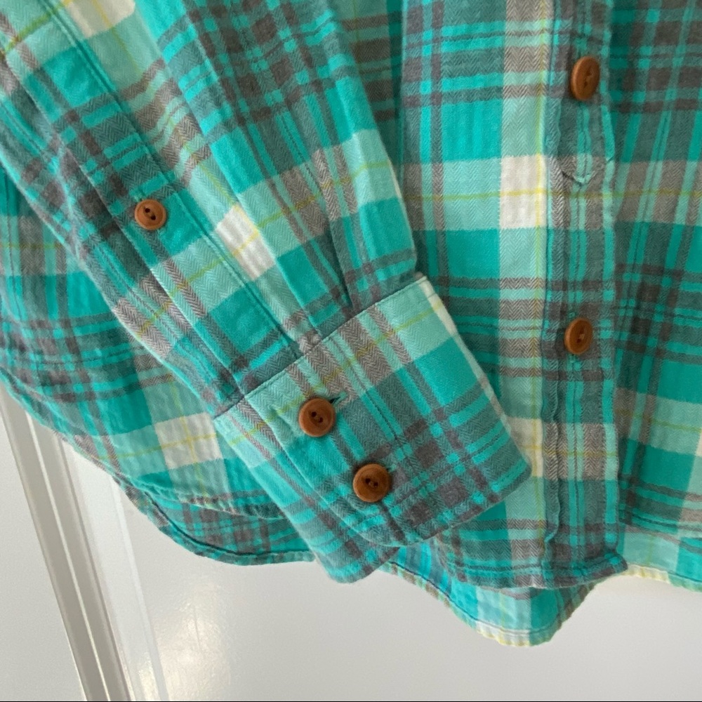 J Crew Aqua "Emerald Plaid Boyfriend Shirt" Button-Front Blouse + MEASUREMENTS! - Picture 4 of 8
